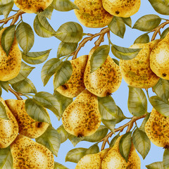 Hand drawn watercolor illustration, pattern with branches and yellow pears