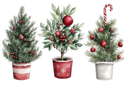 Festive Potted Christmas Trees with Red Ornaments and Decor