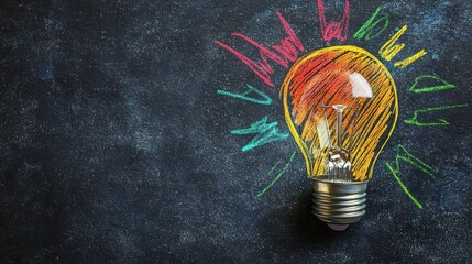 A light bulb with colorful chalk drawings on a blackboard background.
