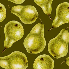 Hand drawn watercolor illustration, pattern with green pears