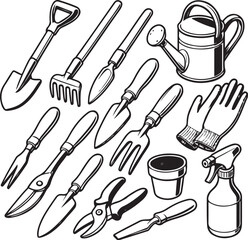 gardening tools black and white vector illustration, top-down angled view, SVG ready.eps