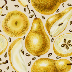Hand drawn watercolor illustration, pattern with whole or cut pears