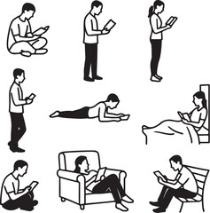 Ten reading postures black and white vector illustration, clean outlines, SVG ready.eps