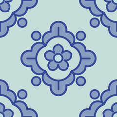 Seamless, Floral geometric pattern in blue on a light background, perfect for textiles or wallpaper designs.

