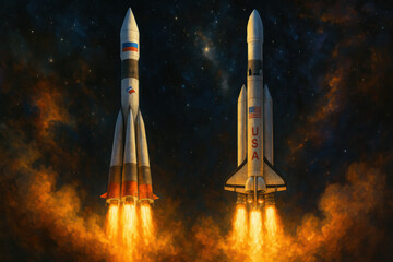 Obraz premium Russian style rocket and American style space shuttle launch side by side at night with fiery exhaust and starry sky