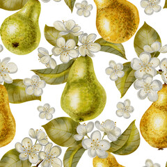 Hand drawn watercolor illustration, pattern with pears and flowers