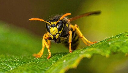 Close Up Macro Shot Of A Wasp Insect Perched On A Vibrant Green Leaf With Soft Natural Lighting And A Blurred Background