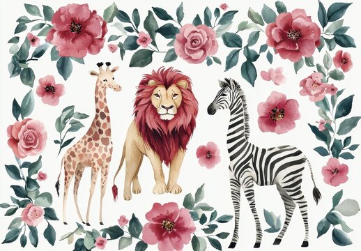 Colorful Safari Animals with Floral Background for Children's Decor