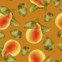 Seamless hand-drawn watercolor pattern featuring pears and delicate white flowers and leaves. Perfect for packaging, textiles, wallpaper, and fabric printing