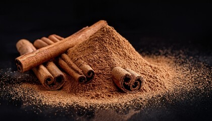 cinnamon sticks and powder on black background