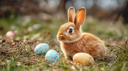 A cute, fluffy orange rabbit with blue eyes and a white collar sits on a grassy field with three colorful Easter eggs.
