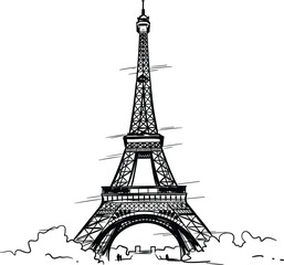 Fototapeta premium Eiffel Tower line art vector—Paris landmark with trees and people, black architectural sketch for travel and cultural themes