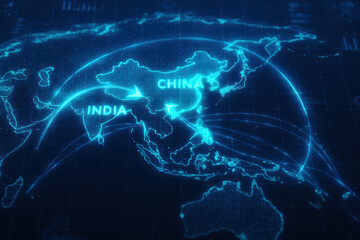 Futuristic trade route map showing glowing Asia connections with arrows and holographic network overlay conveying dynamic global logistics and digital commerce