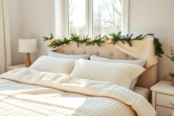 Fototapeta premium Festive bedroom decor brightens winter holidays
