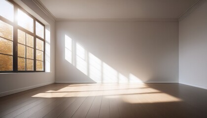 Obraz premium simple space with white walls and floor illuminated by sunlight casting shadows