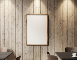 Rectangular Wooden Frame Mockup Hanging on Light Oak Wood Plank Wall in Cafe Interior with Spotlights