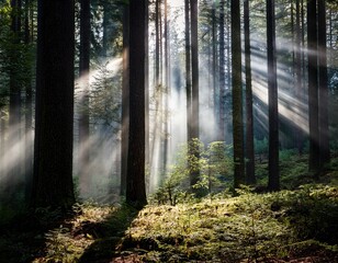 Obraz premium dramatic light beams filter through trees in serene forest creating mystical atmosphere smoke gently swirls enhancing tranquil yet captivating scene