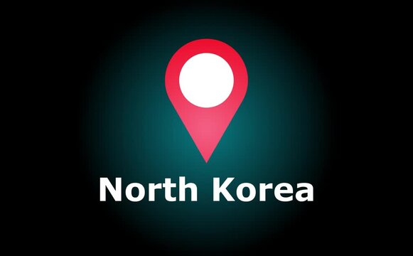 Location pin over north korea text on dark background with a red and white color scheme element