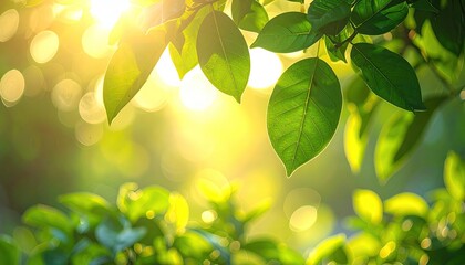Close up of vibrant green leaves with sunlight filtering through creating a soft bokeh effect and dappled light on a bright summer day