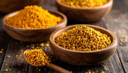 Wooden bowls filled with vibrant yellow, granular substances
