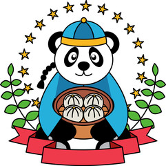 logotype of a panda character holding a bowl of dumplings