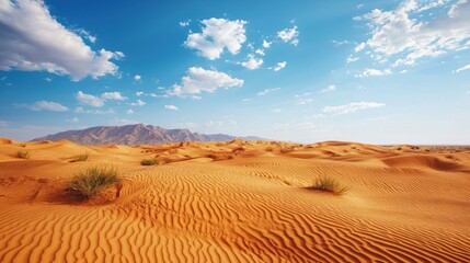 A vast, expansive desert landscape with sand dunes, mountains, and a clear blue sky with scattered clouds.