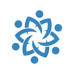 Abstract blue logo depicting a stylized flower or star surrounded by six dots, symbolizing community, connection, and collaboration.