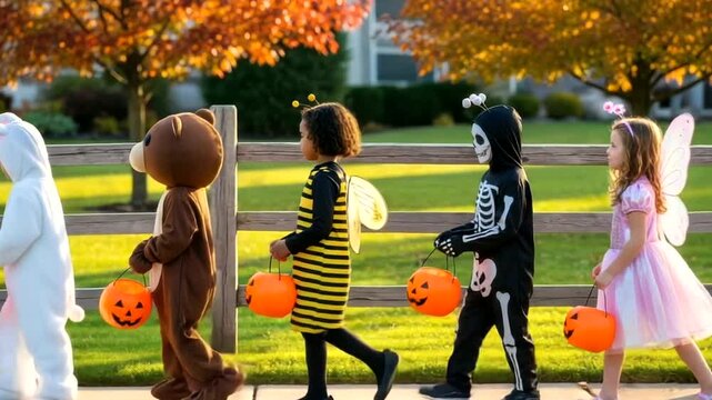 Children in halloween costumes trick or treating on a sunny autumn day