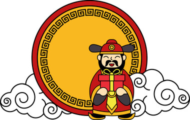 logotype of a God of wealth holding gift in front of the circle badge