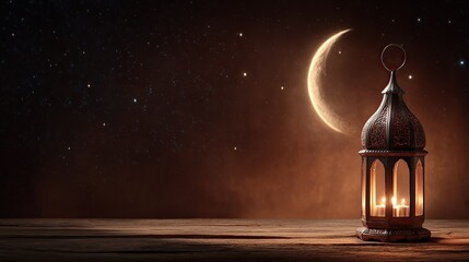 A crescent moon illuminates a decorative metal lantern, casting a warm glow on a wooden surface under a starlit night sky.