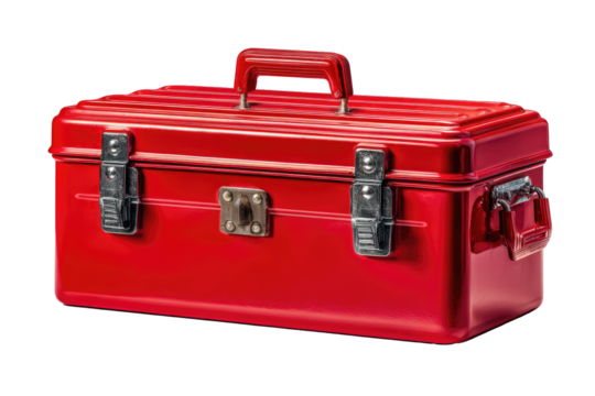 Red metal toolbox with handles and latches
