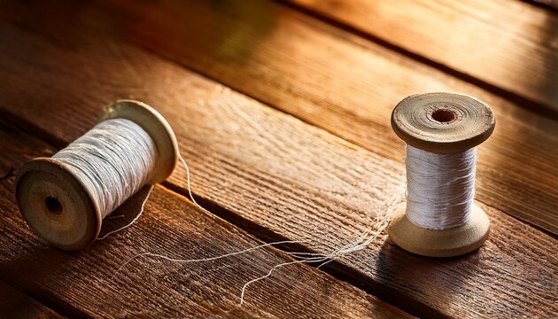 vintage spool of white thread on rustic wooden surface in warm light copy space - Powered by Adobe