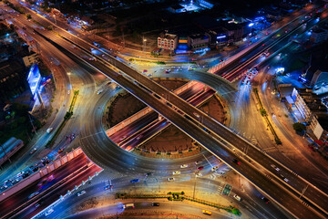 Expressway, Self-driving autonomous electric cars of the future with elements move along a busy...