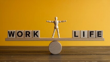 Work life balance concept shown by wooden blocks and figurine on scales
