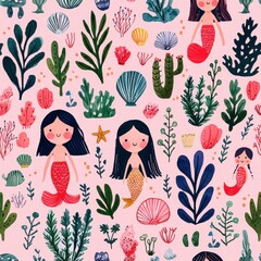Colorful and Playful Illustration of Cute Mermaids and Ocean Life