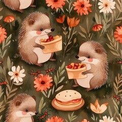 Cute Hedgehogs Carrying Baskets of Fruits in Floral Garden Design