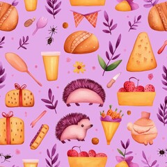 Colorful Pattern of Cute Food, Animals, and Kitchen Items on Pink Background