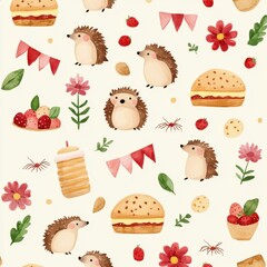 Whimsical Hedgehog Pattern with Flowers and Food Elements