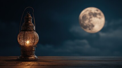 A beautiful, intricately designed lantern glows warmly against a backdrop of a night sky, featuring a large moon.