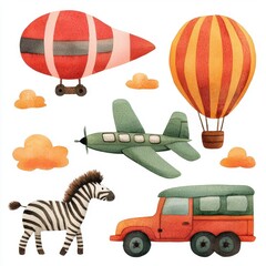Whimsical Watercolor Illustrations of Air and Land Transport Elements