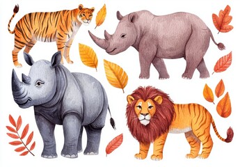 Colorful Illustration of Wildlife Featuring Lion, Tiger, and Rhino