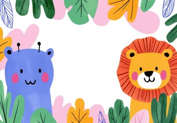 Colorful Illustration of Lion and Snail Surrounded by Leaves