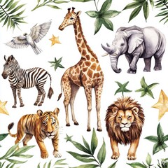 Colorful Watercolor Animals with Tropical Leaves and Plants