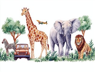 Vibrant Wildlife Scene with Giraffe, Elephant, Lion and Car