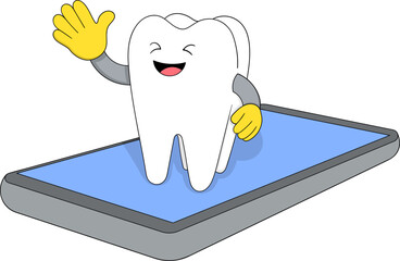 Happy Tooth Character Waving from Smartphone Online Dental Care Vector Illustration