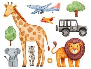 Whimsical Animals and Transportation in Watercolor Style Illustration
