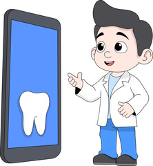 Dentist Character Explaining Tooth on Smartphone Online Dental Care Vector Illustration