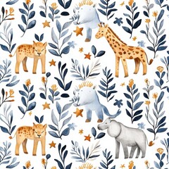 Playful Jungle Animals Amidst Colorful Floral Elements