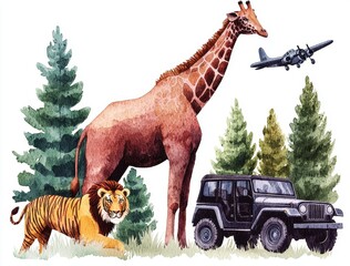 Giraffe and Tiger in Safari Scene with Trees and Airplane
