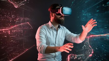Man with virtual reality headset interacting with digital interface showing abstract data networks, future technology concept. - Powered by Adobe